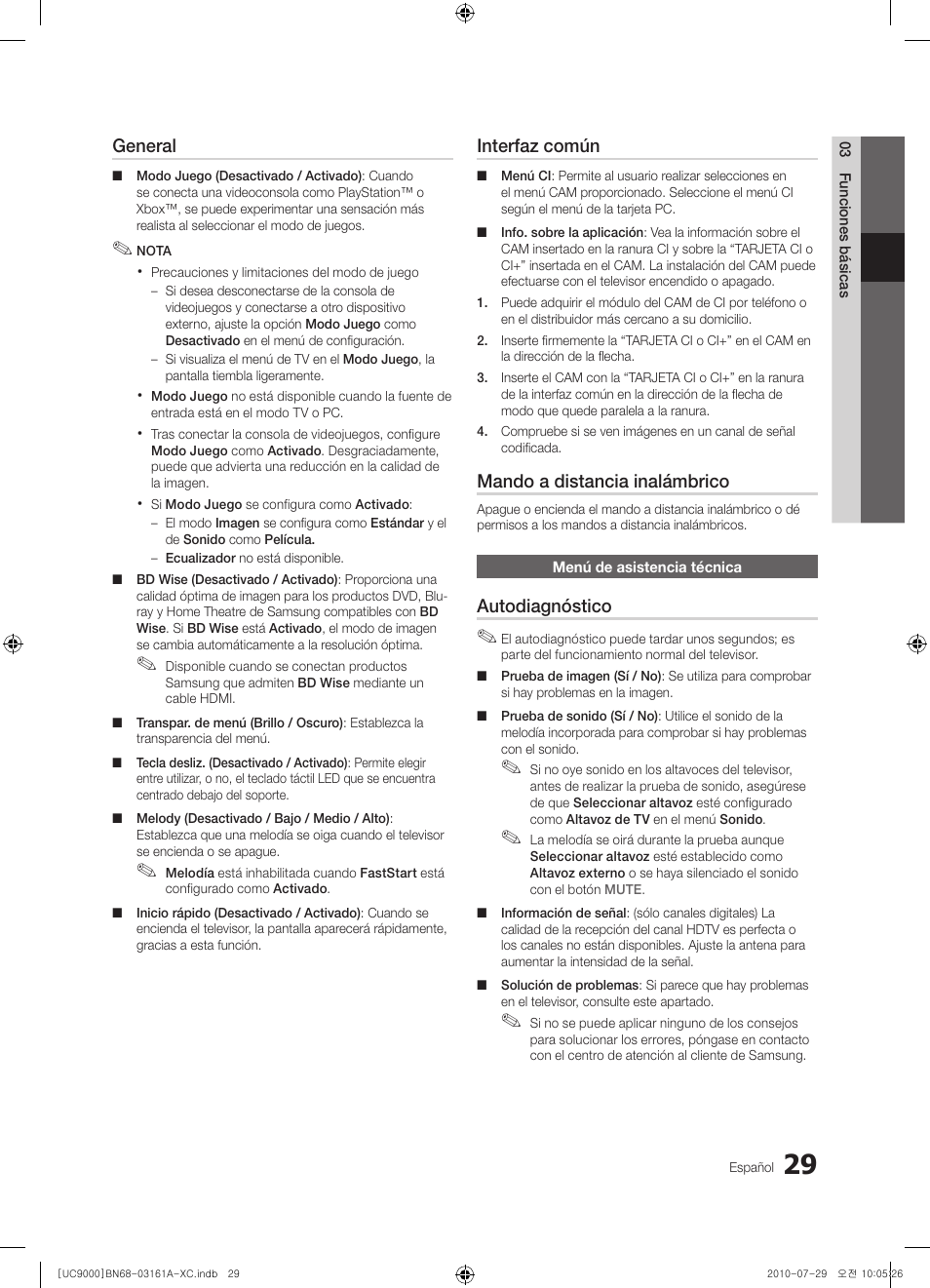 General, Interfaz común, Mando a distancia inalámbrico | Autodiagnóstico | Samsung UE46C9000ZW User Manual | Page 157 / 386