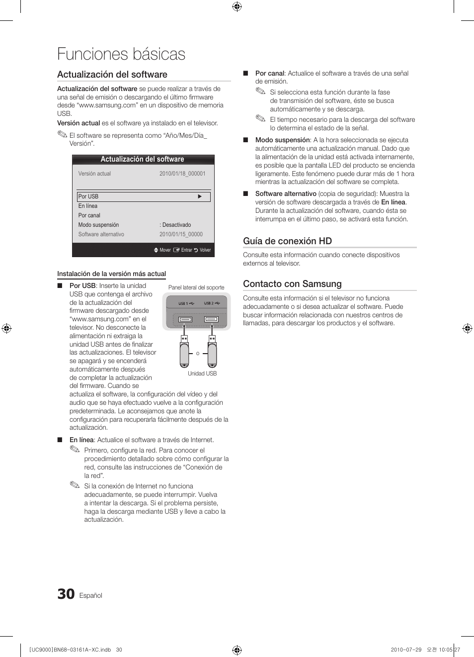 Funciones básicas, Actualización del software, Guía de conexión hd | Contacto con samsung | Samsung UE46C9000ZW User Manual | Page 158 / 386