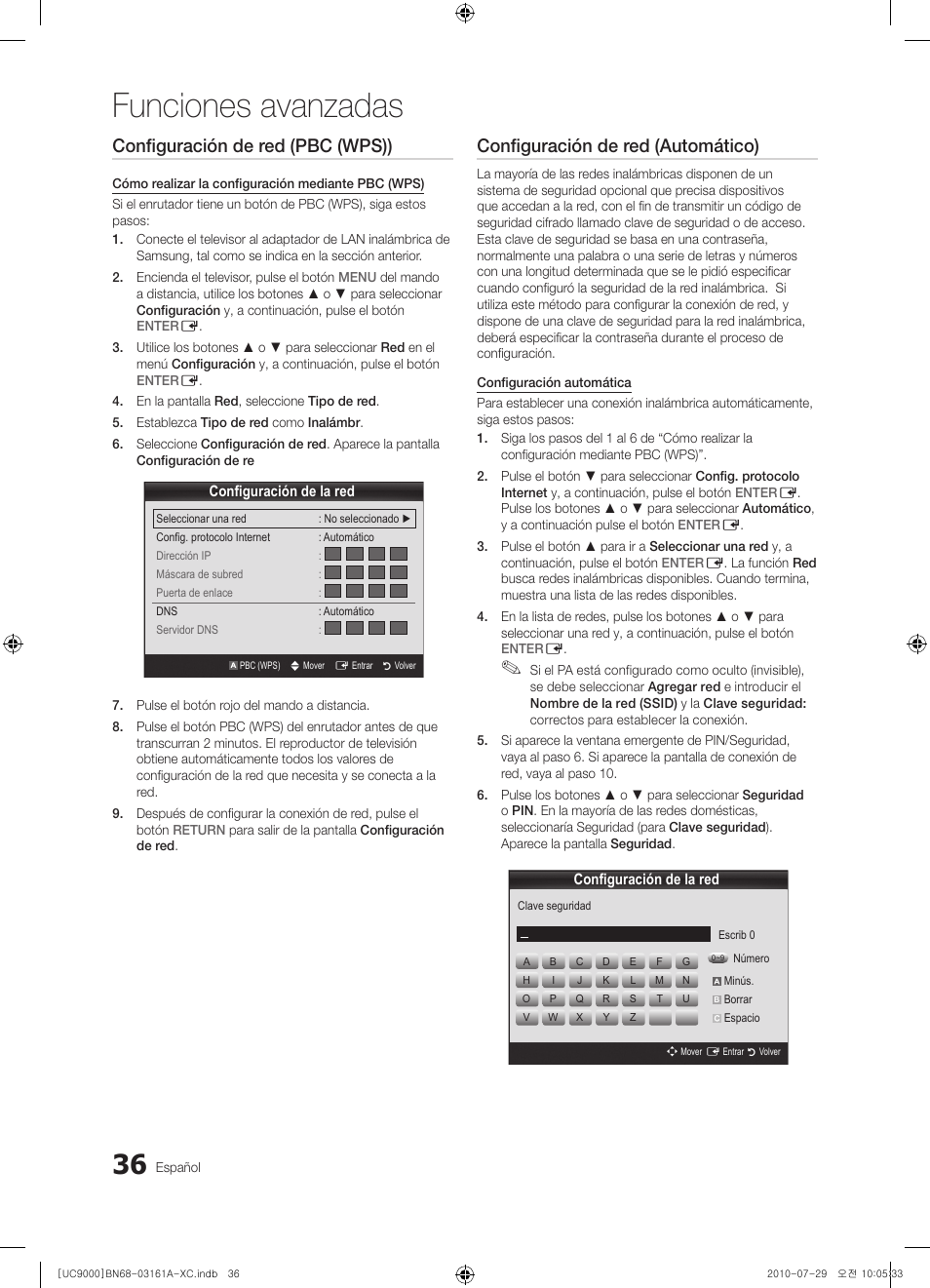 Funciones avanzadas, Configuración de red (pbc (wps)), Configuración de red (automático) | Samsung UE46C9000ZW User Manual | Page 164 / 386