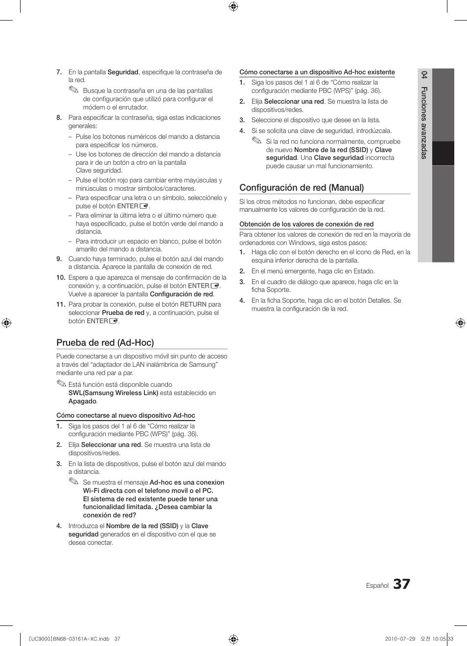 Prueba de red (ad-hoc), Configuración de red (manual) | Samsung UE46C9000ZW User Manual | Page 165 / 386