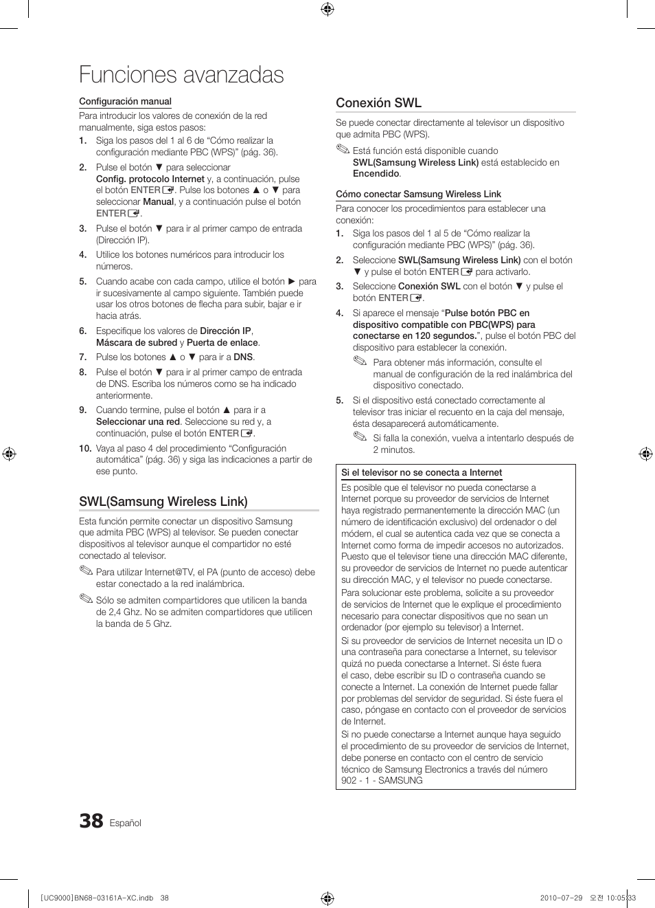 Funciones avanzadas, Swl(samsung wireless link), Conexión swl | Samsung UE46C9000ZW User Manual | Page 166 / 386