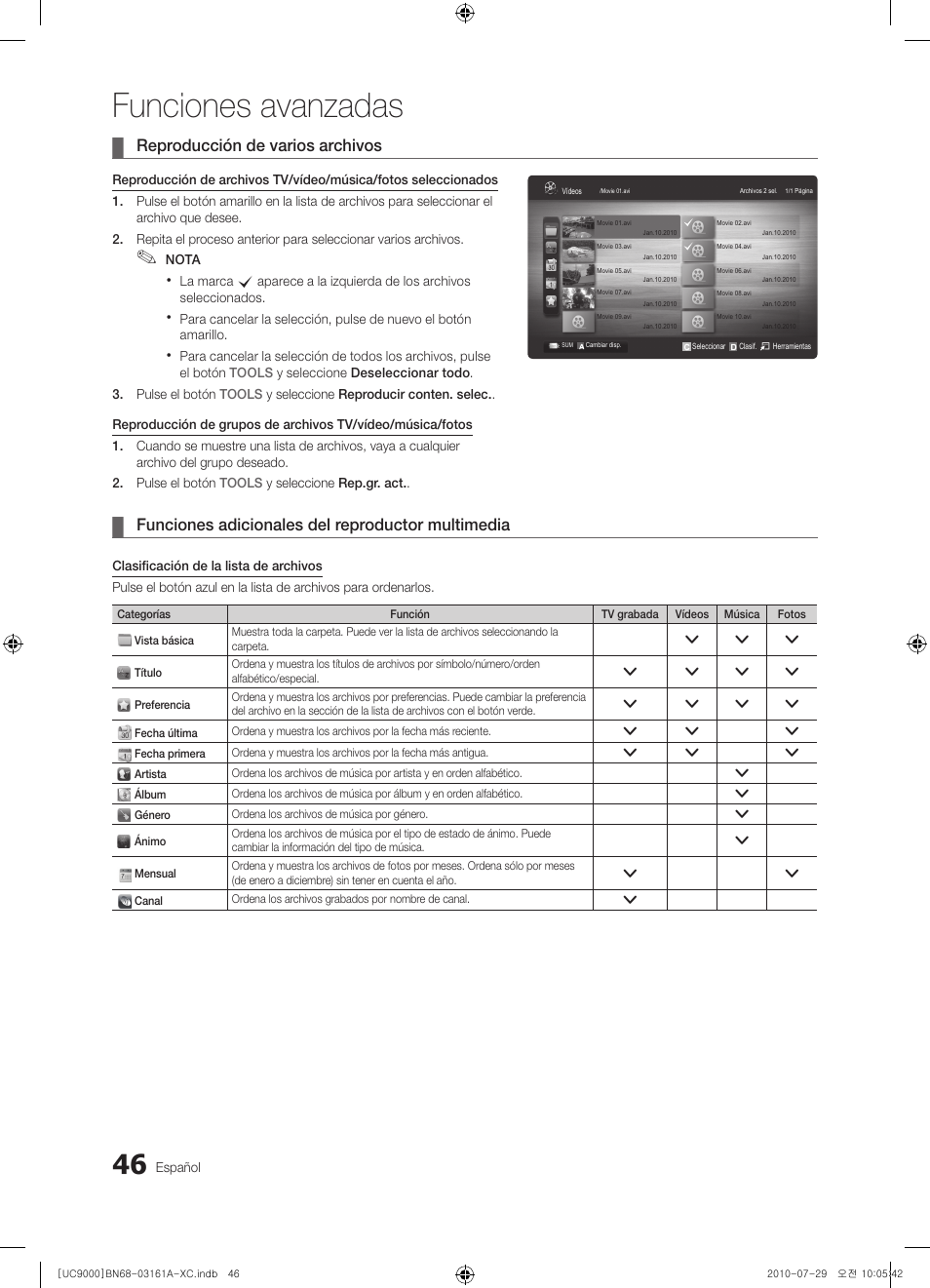 Funciones avanzadas, Reproducción de varios archivos, Funciones adicionales del reproductor multimedia | Samsung UE46C9000ZW User Manual | Page 174 / 386