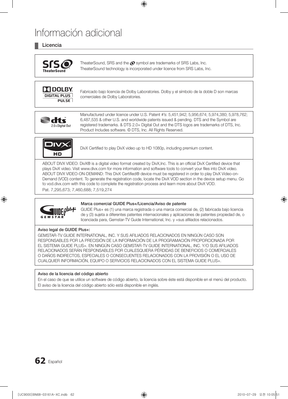 Información adicional | Samsung UE46C9000ZW User Manual | Page 190 / 386