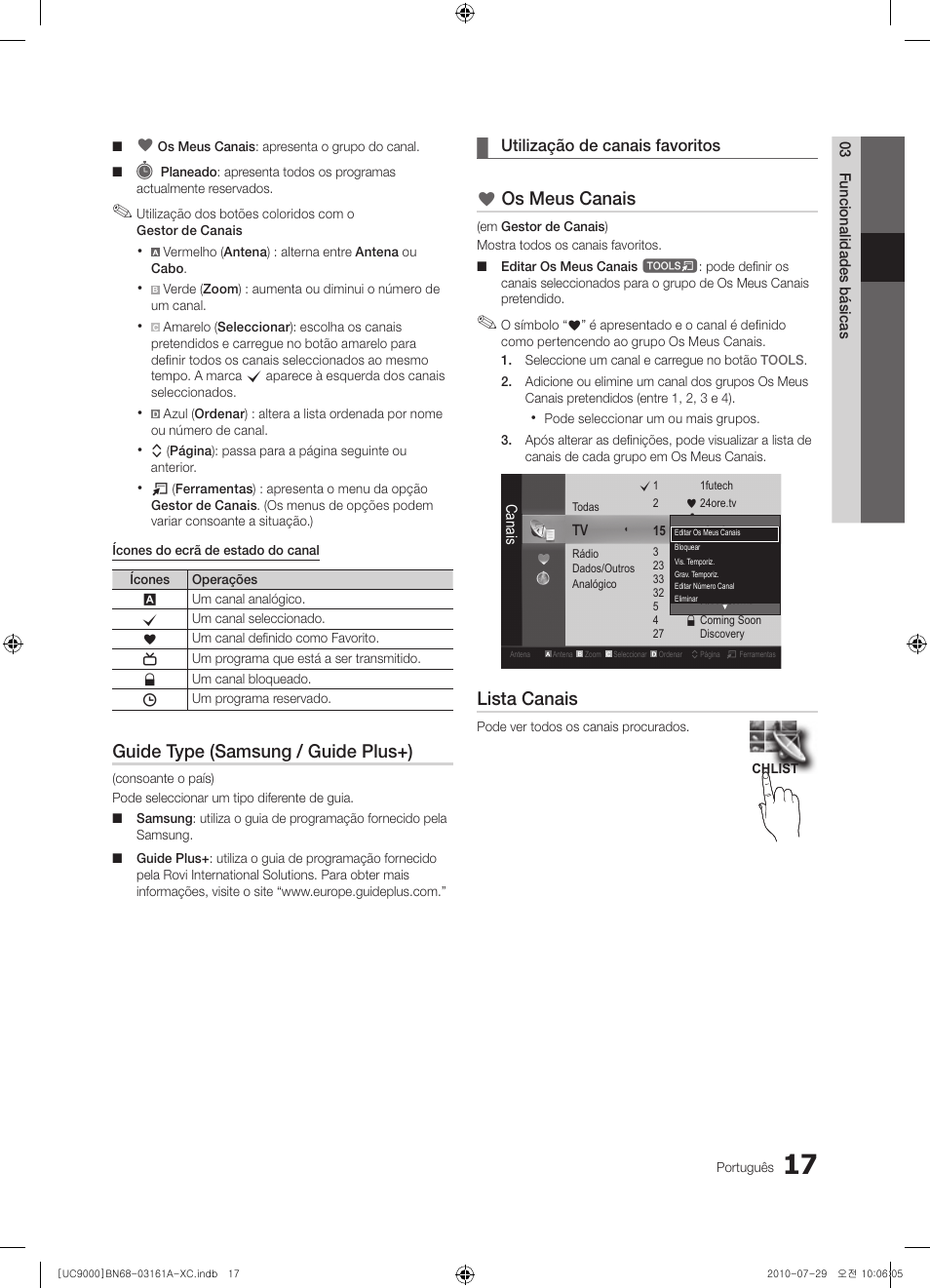 Guide type (samsung / guide plus+), Os meus canais, Lista canais | Samsung UE46C9000ZW User Manual | Page 209 / 386