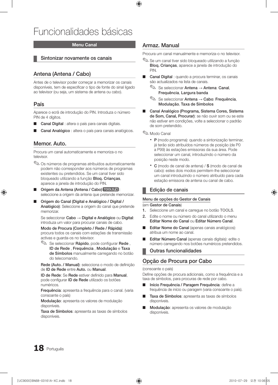 Funcionalidades básicas, Antena (antena / cabo), País | Armaz. manual, Opção de procura por cabo | Samsung UE46C9000ZW User Manual | Page 210 / 386
