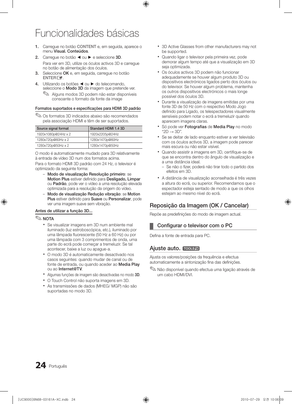 Funcionalidades básicas, Reposição da imagem (ok / cancelar), Ajuste auto | Samsung UE46C9000ZW User Manual | Page 216 / 386
