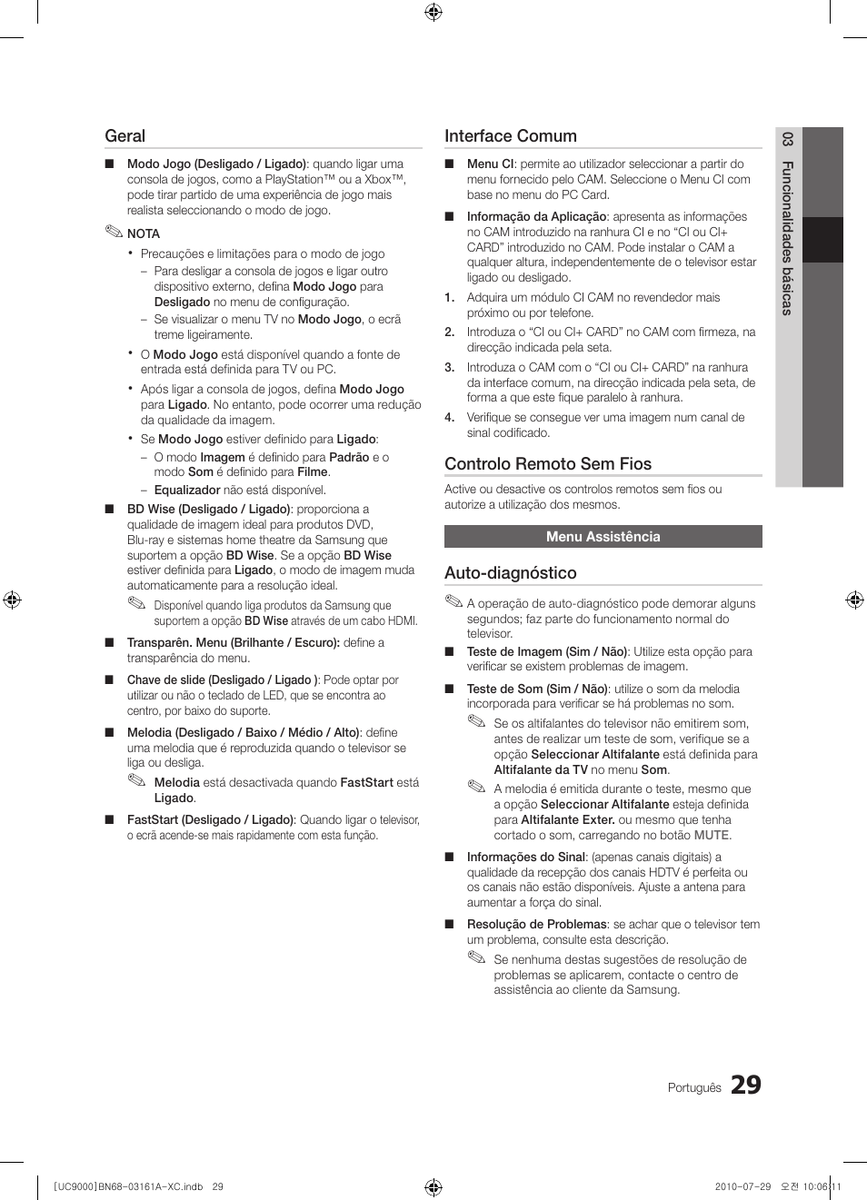 Geral, Interface comum, Controlo remoto sem fios | Auto-diagnóstico | Samsung UE46C9000ZW User Manual | Page 221 / 386