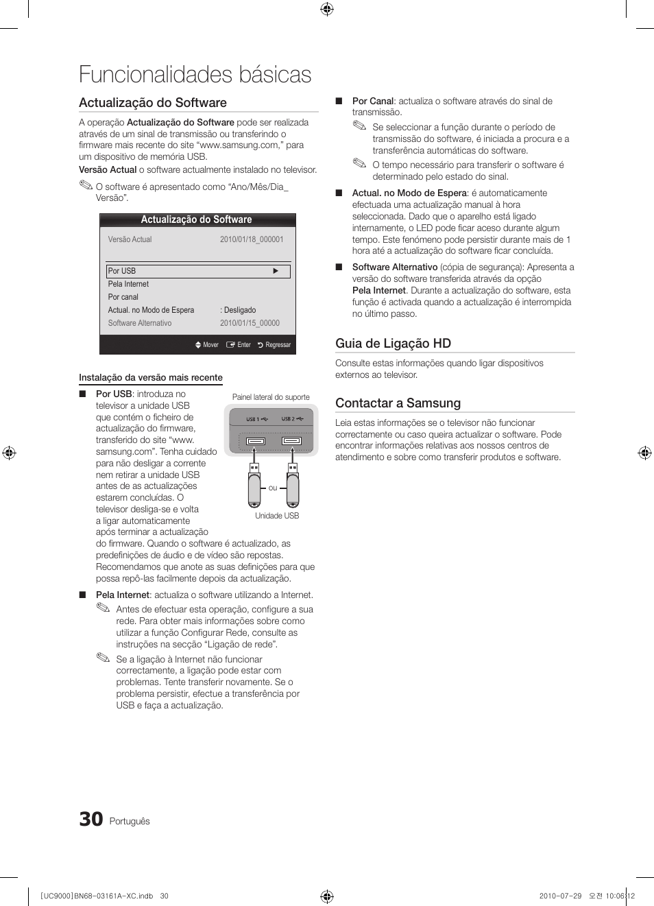 Funcionalidades básicas, Actualização do software, Guia de ligação hd | Contactar a samsung | Samsung UE46C9000ZW User Manual | Page 222 / 386