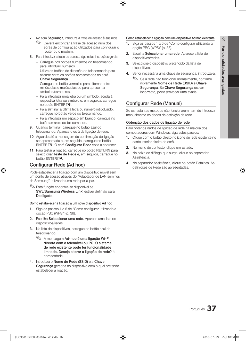 Configurar rede (ad hoc), Configurar rede (manual) | Samsung UE46C9000ZW User Manual | Page 229 / 386