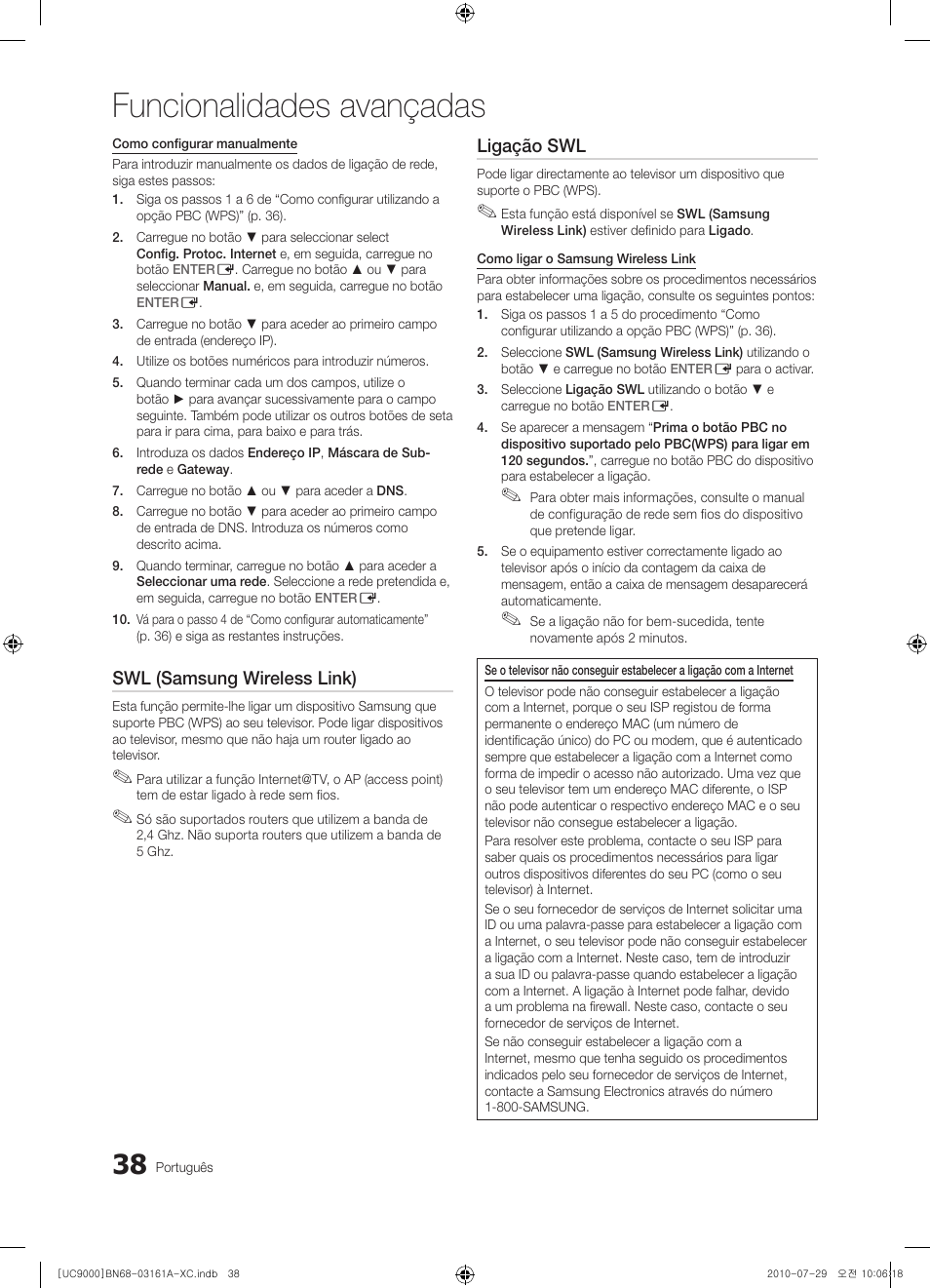 Funcionalidades avançadas, Swl (samsung wireless link), Ligação swl | Samsung UE46C9000ZW User Manual | Page 230 / 386