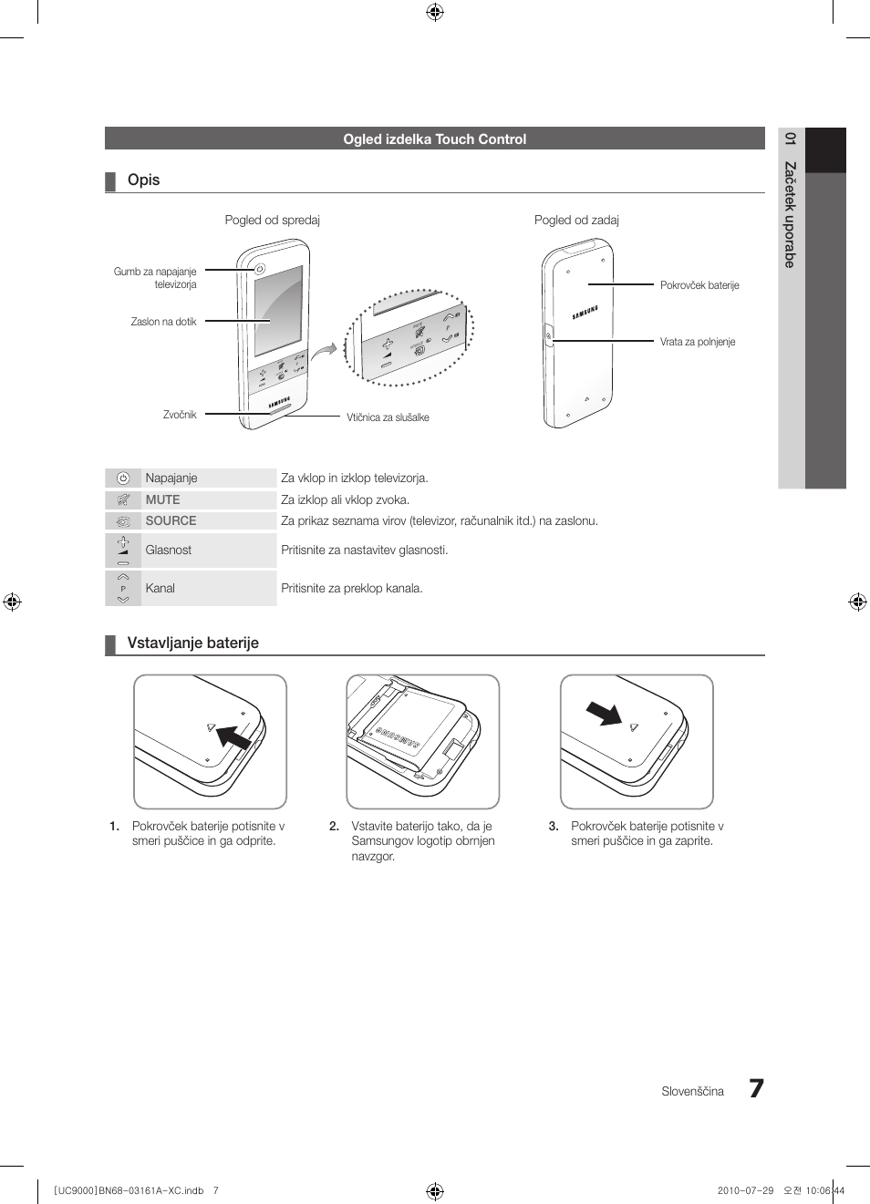 Opis, Vstavljanje baterije | Samsung UE46C9000ZW User Manual | Page 263 / 386
