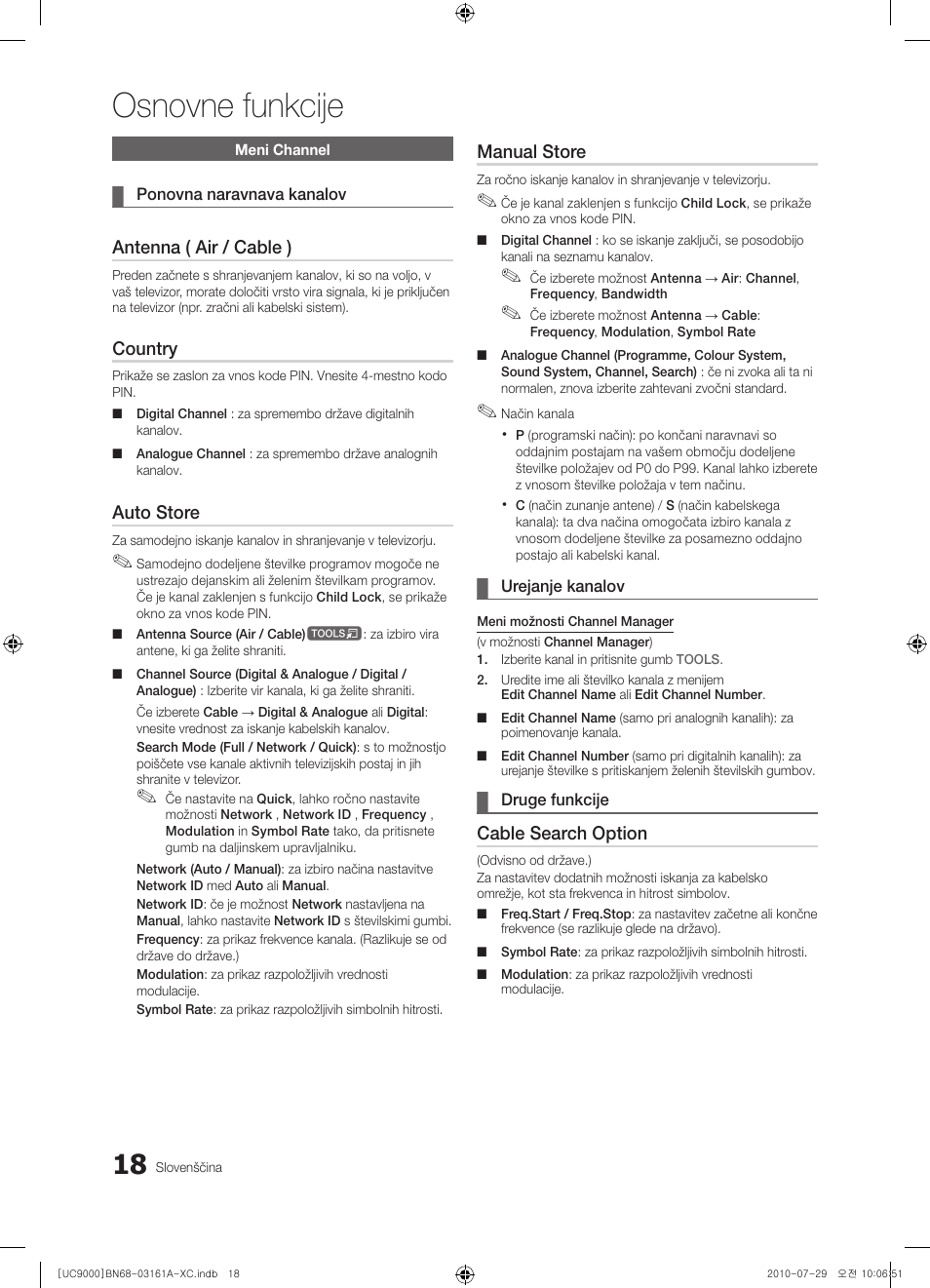 Osnovne funkcije, Antenna ( air / cable ), Country | Auto store, Manual store, Cable search option | Samsung UE46C9000ZW User Manual | Page 274 / 386