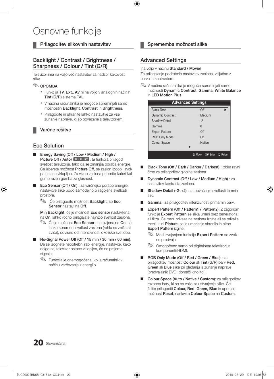 Osnovne funkcije, Eco solution, Advanced settings | Samsung UE46C9000ZW User Manual | Page 276 / 386