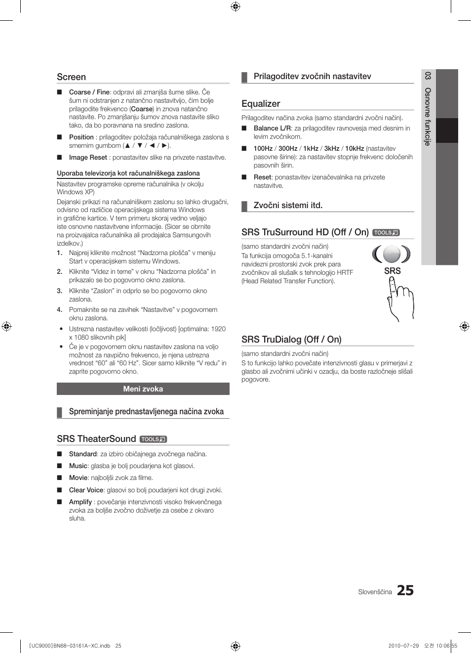 Screen, Srs theatersound, Equalizer | Srs trusurround hd (off / on), Srs trudialog (off / on) | Samsung UE46C9000ZW User Manual | Page 281 / 386
