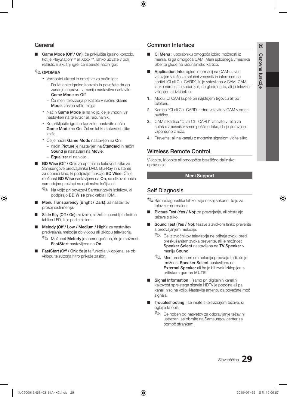 General, Common interface, Wireless remote control | Self diagnosis | Samsung UE46C9000ZW User Manual | Page 285 / 386