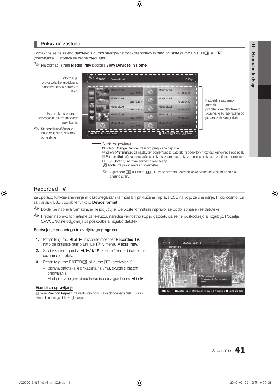 Recorded tv, Prikaz na zaslonu | Samsung UE46C9000ZW User Manual | Page 297 / 386