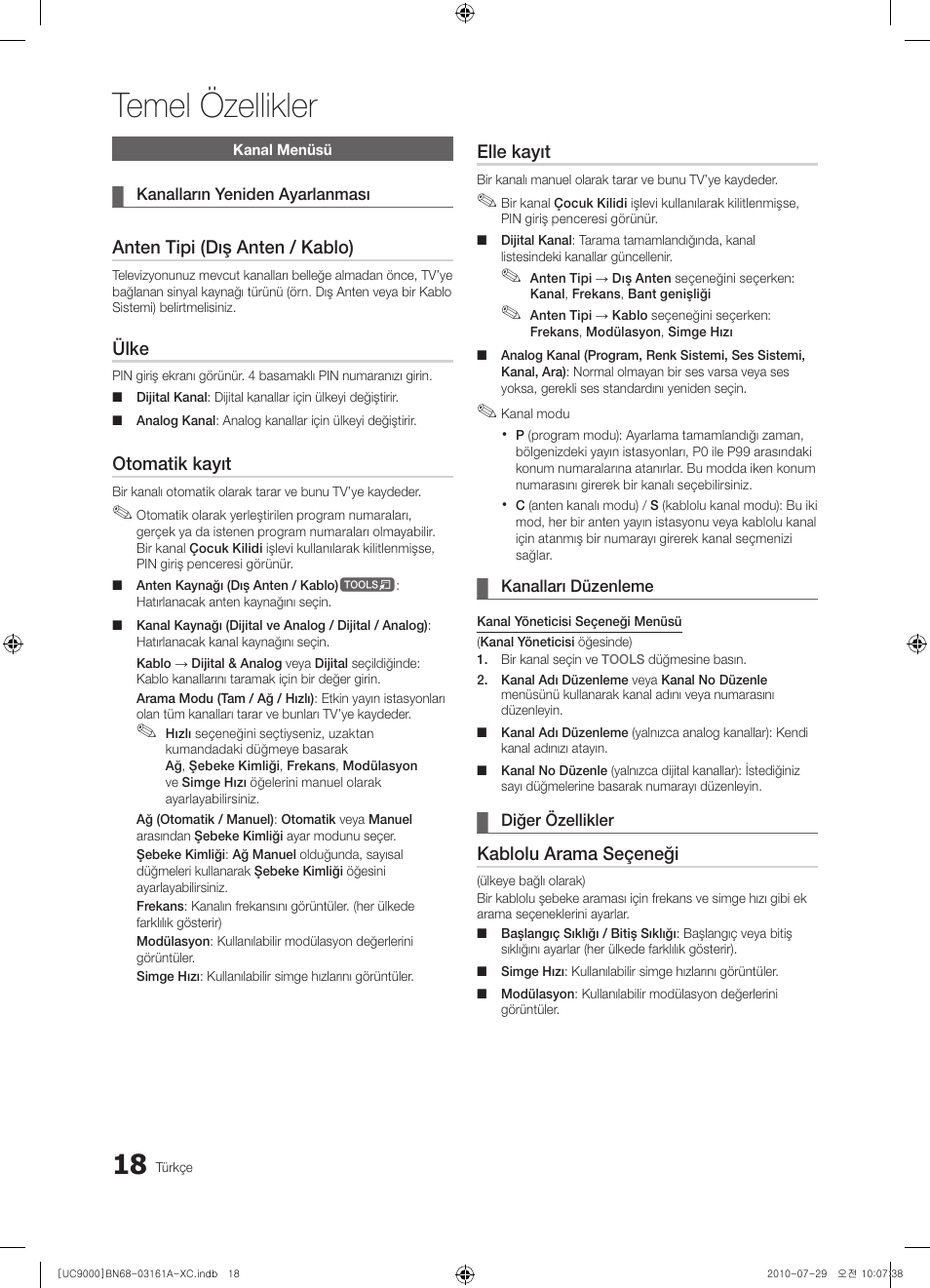 Temel özellikler, Anten tipi (dış anten / kablo), Ülke | Otomatik kayıt, Elle kayıt, Kablolu arama seçeneği | Samsung UE46C9000ZW User Manual | Page 338 / 386