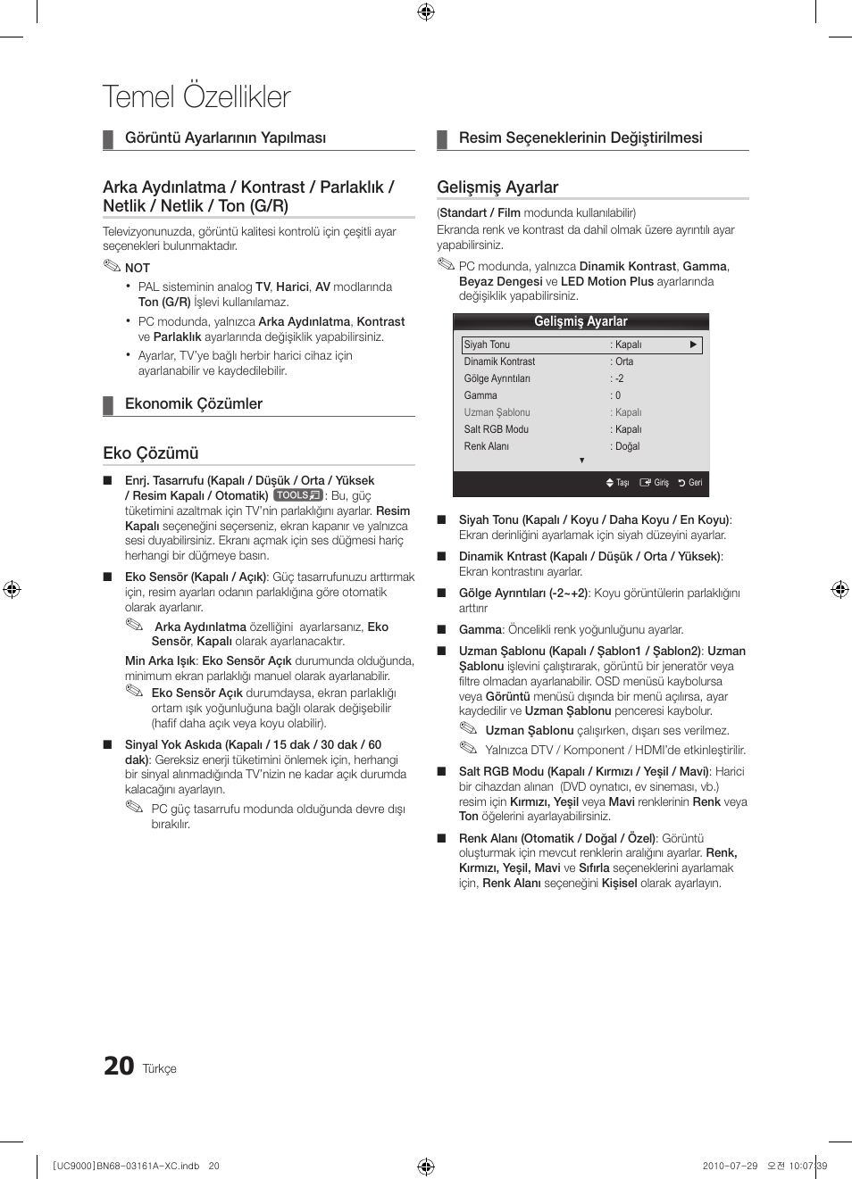 Temel özellikler, Eko çözümü, Gelişmiş ayarlar | Samsung UE46C9000ZW User Manual | Page 340 / 386