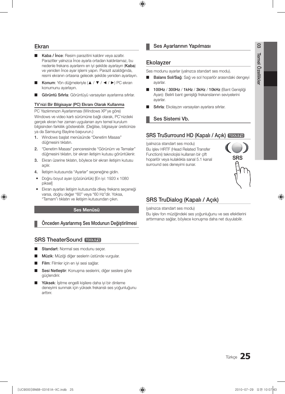Ekran, Srs theatersound, Ekolayzer | Srs trusurround hd (kapalı / açık), Srs trudialog (kapalı / açık) | Samsung UE46C9000ZW User Manual | Page 345 / 386
