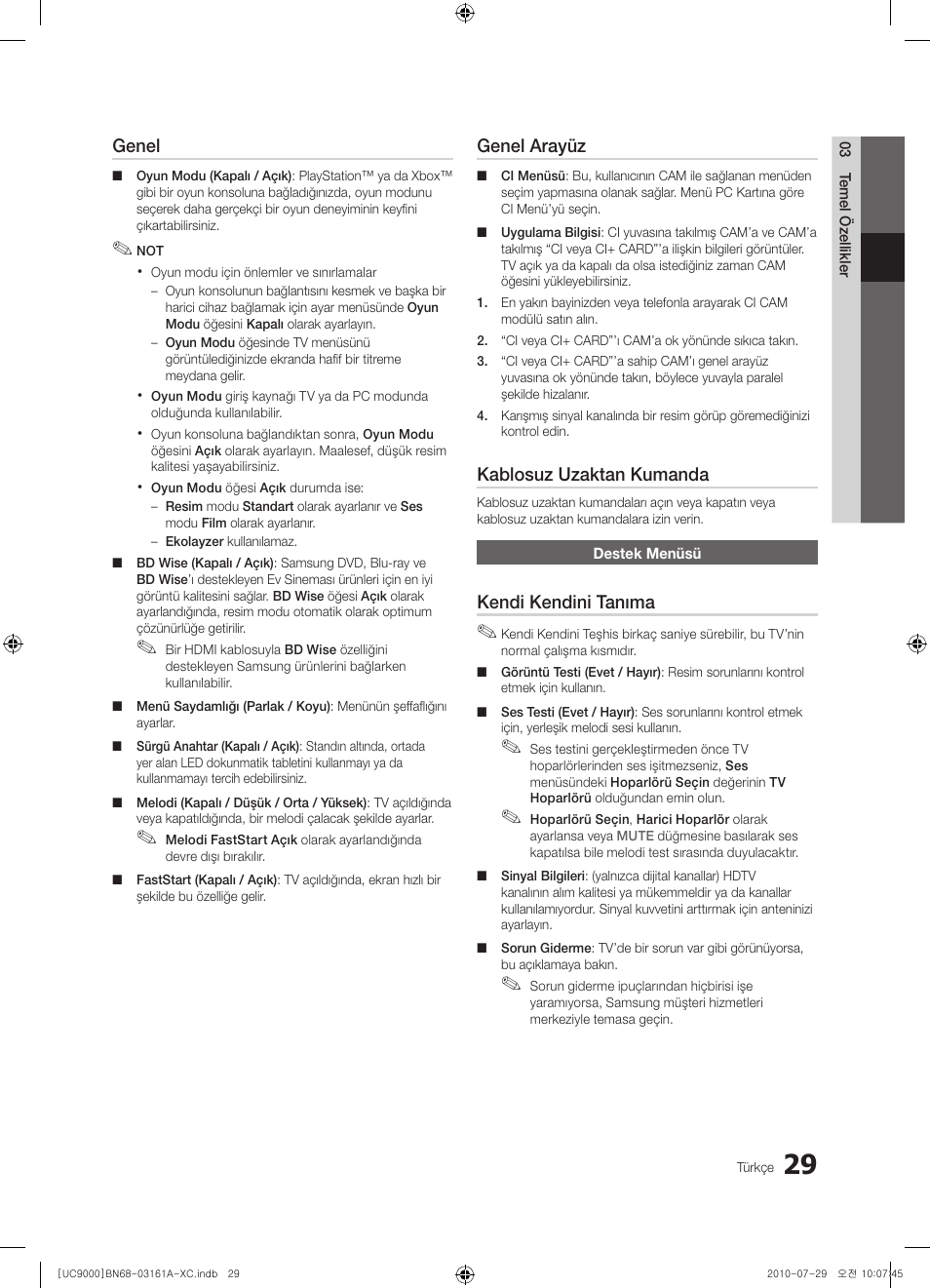 Genel, Genel arayüz, Kablosuz uzaktan kumanda | Kendi kendini tanıma | Samsung UE46C9000ZW User Manual | Page 349 / 386