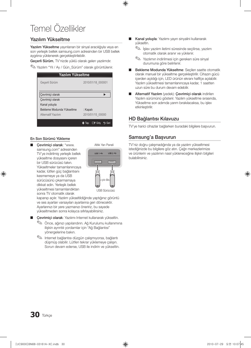 Temel özellikler, Yazılım yükseltme, Hd bağlantısı kılavuzu | Samsung’a başvurun | Samsung UE46C9000ZW User Manual | Page 350 / 386