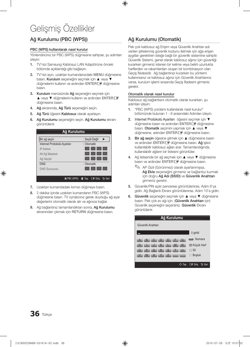 Gelişmiş özellikler, Ağ kurulumu (pbc (wps)), Ağ kurulumu (otomatik) | Samsung UE46C9000ZW User Manual | Page 356 / 386