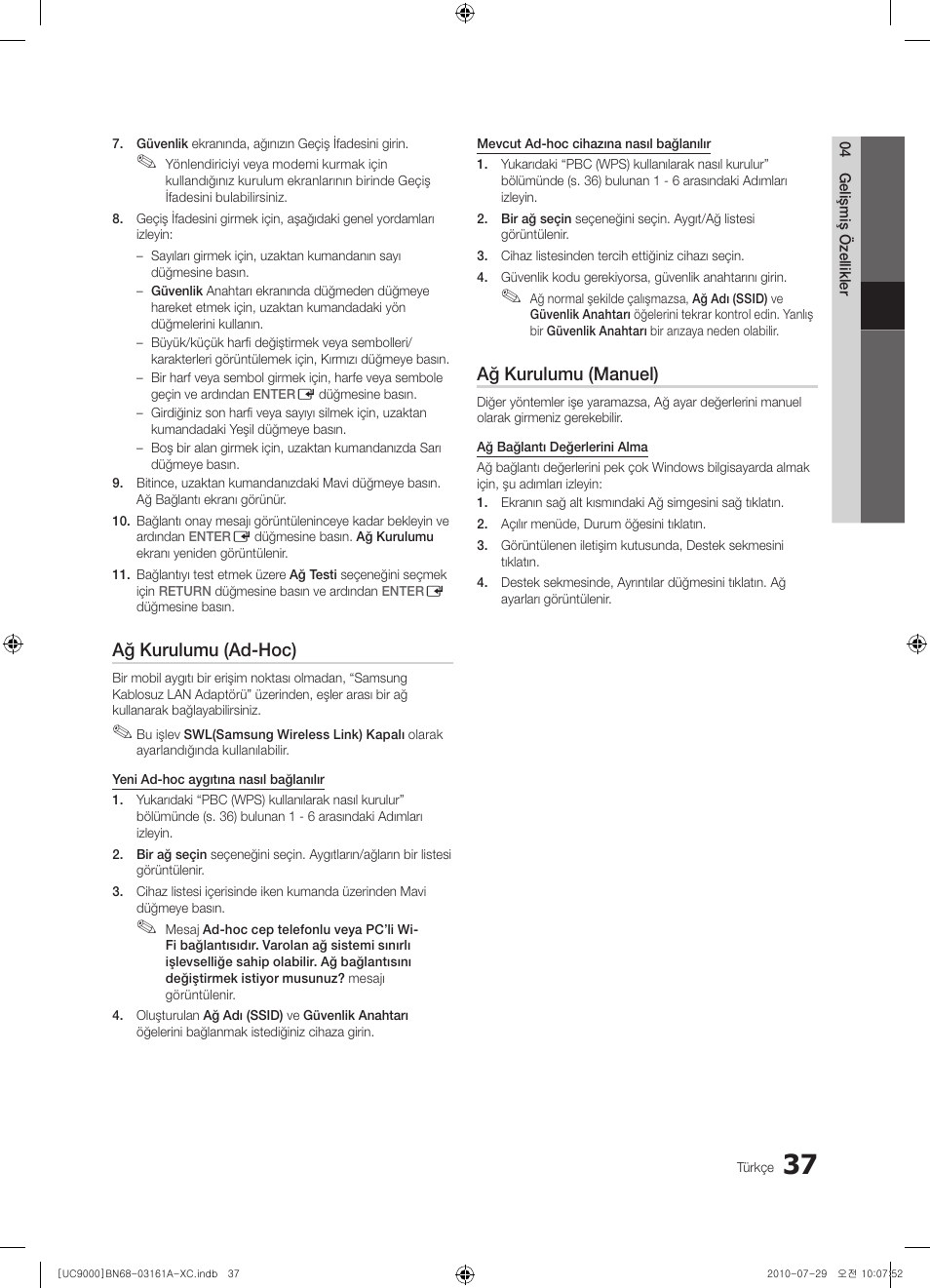 Ağ kurulumu (ad-hoc), Ağ kurulumu (manuel) | Samsung UE46C9000ZW User Manual | Page 357 / 386