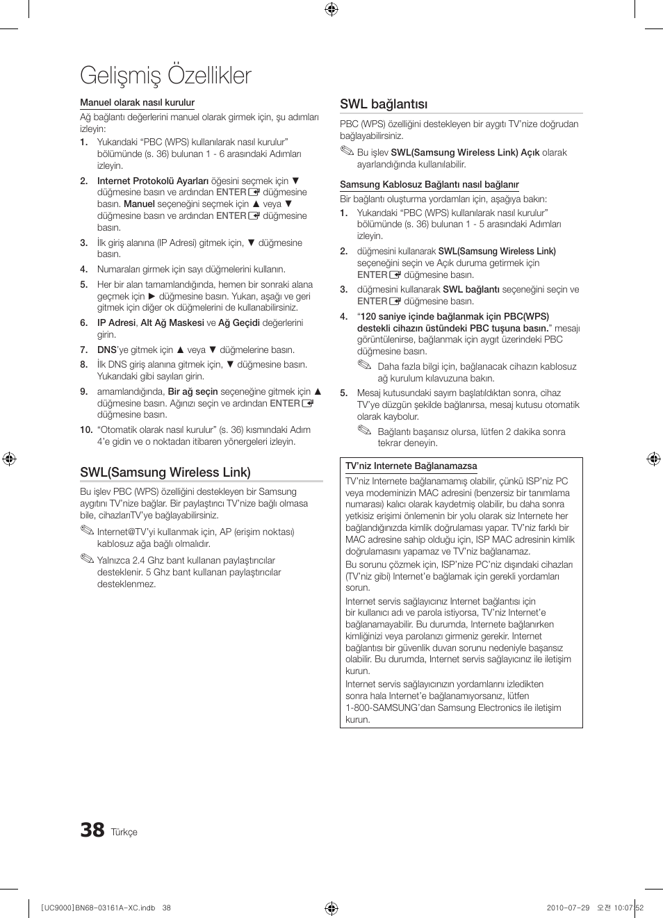 Gelişmiş özellikler, Swl(samsung wireless link), Swl bağlantısı | Samsung UE46C9000ZW User Manual | Page 358 / 386
