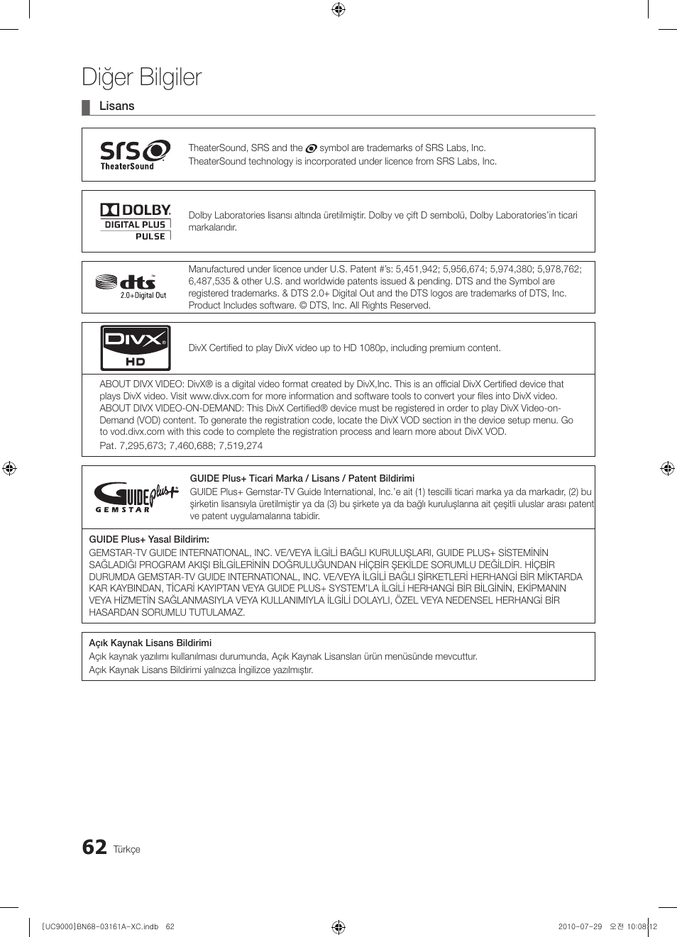 Diğer bilgiler | Samsung UE46C9000ZW User Manual | Page 382 / 386