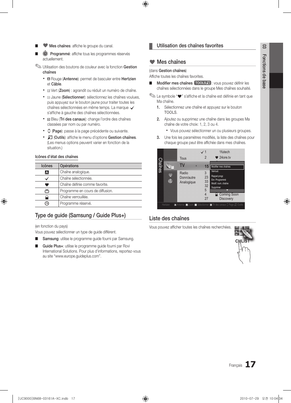 Type de guide (samsung / guide plus+), Mes chaînes, Liste des chaînes | Samsung UE46C9000ZW User Manual | Page 81 / 386