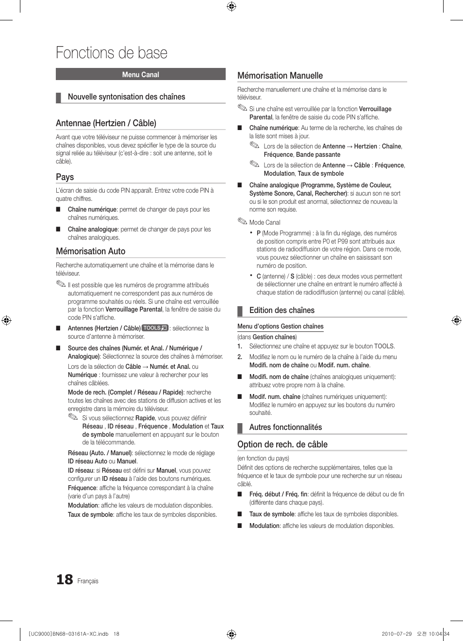 Fonctions de base, Antennae (hertzien / câble), Pays | Mémorisation auto, Mémorisation manuelle, Option de rech. de câble | Samsung UE46C9000ZW User Manual | Page 82 / 386