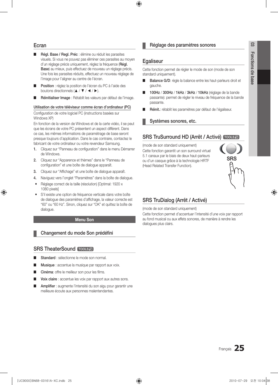 Ecran, Srs theatersound, Egaliseur | Srs trusurround hd (arrêt / activé), Srs trudialog (arrêt / activé) | Samsung UE46C9000ZW User Manual | Page 89 / 386