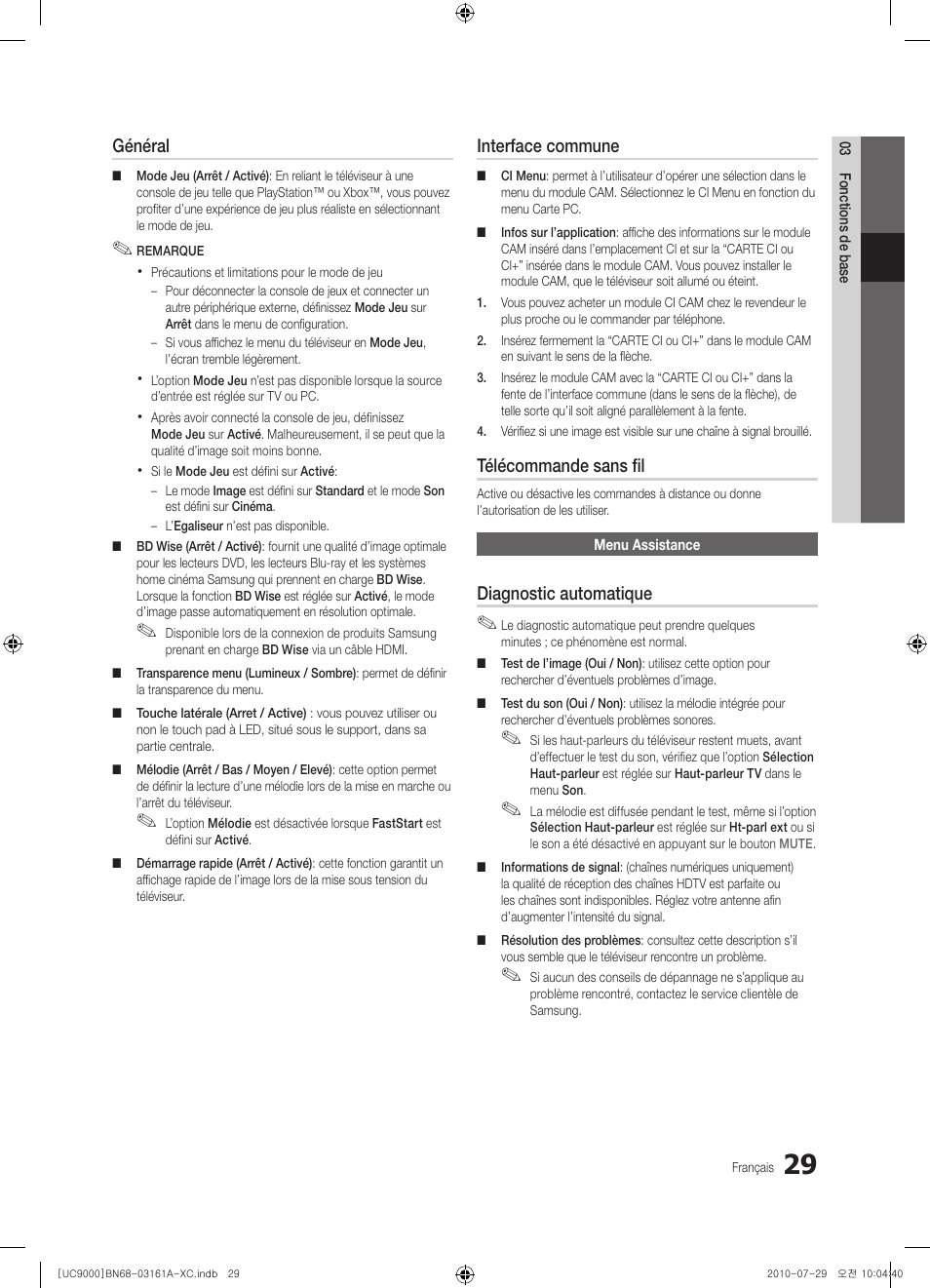 Général, Interface commune, Télécommande sans fil | Diagnostic automatique | Samsung UE46C9000ZW User Manual | Page 93 / 386