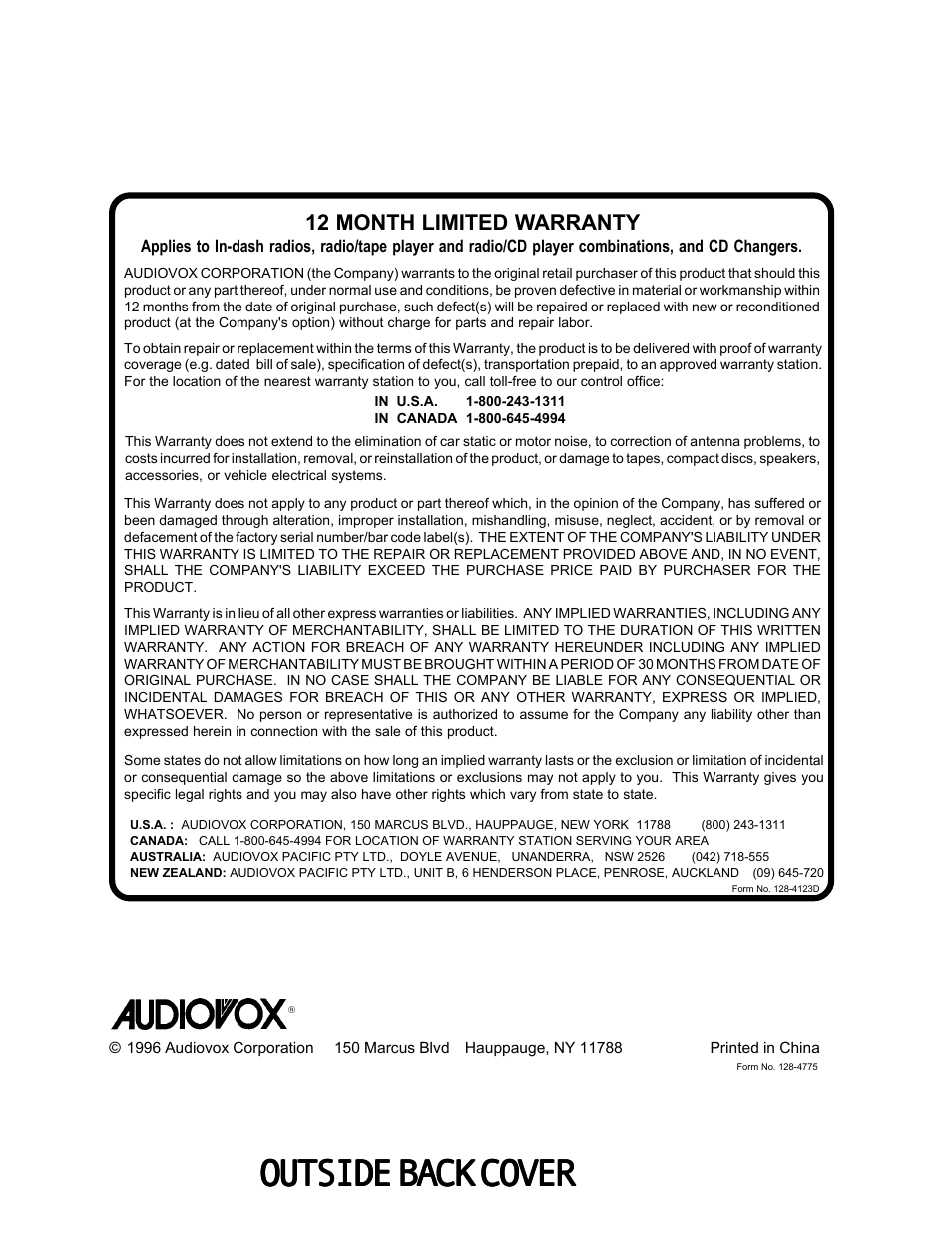 Outsidebackcover, 12 month limited warranty | Audiovox 990 User Manual | Page 20 / 20