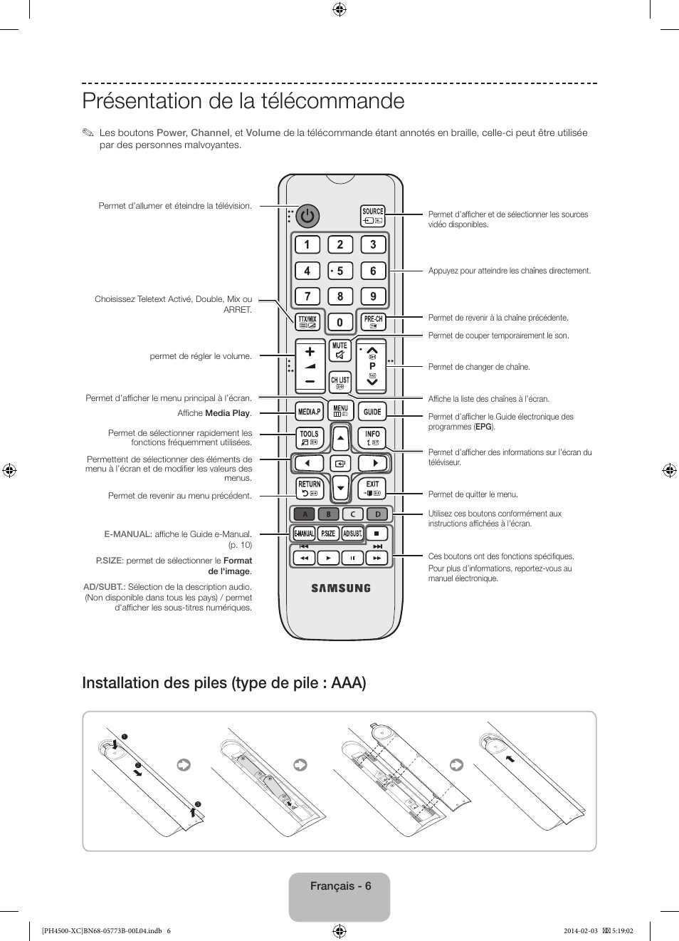 Présentation de la télécommande, Installation des piles (type de pile : aaa) | Samsung PE51H4500AW User Manual | Page 28 / 89