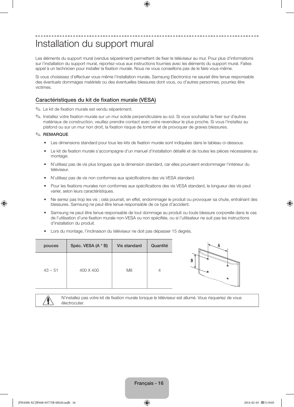 Installation du support mural | Samsung PE51H4500AW User Manual | Page 38 / 89