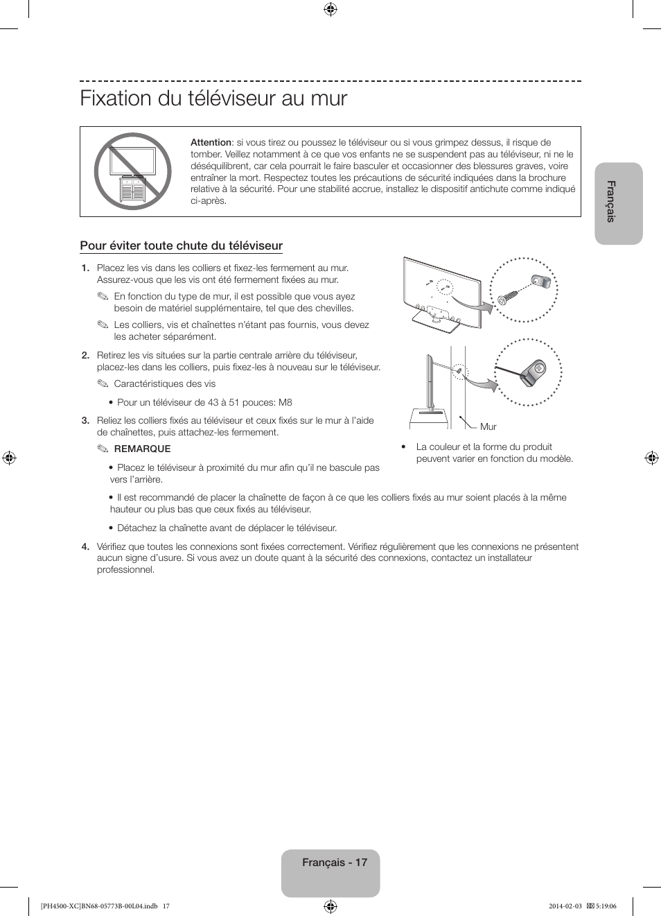 Fixation du téléviseur au mur | Samsung PE51H4500AW User Manual | Page 39 / 89