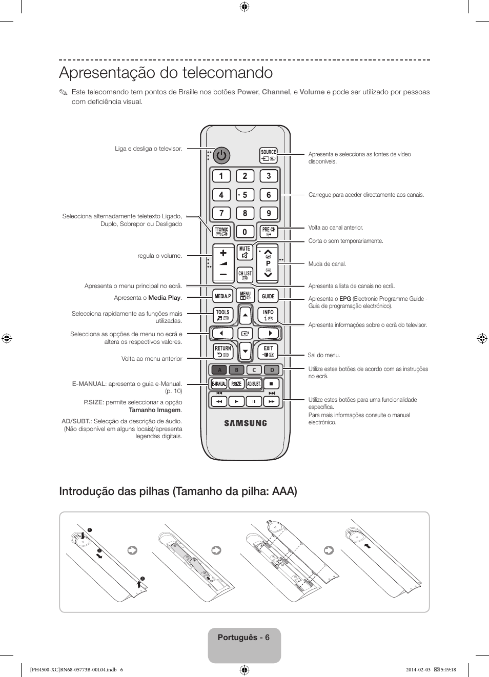 Apresentação do telecomando, Introdução das pilhas (tamanho da pilha: aaa) | Samsung PE51H4500AW User Manual | Page 72 / 89