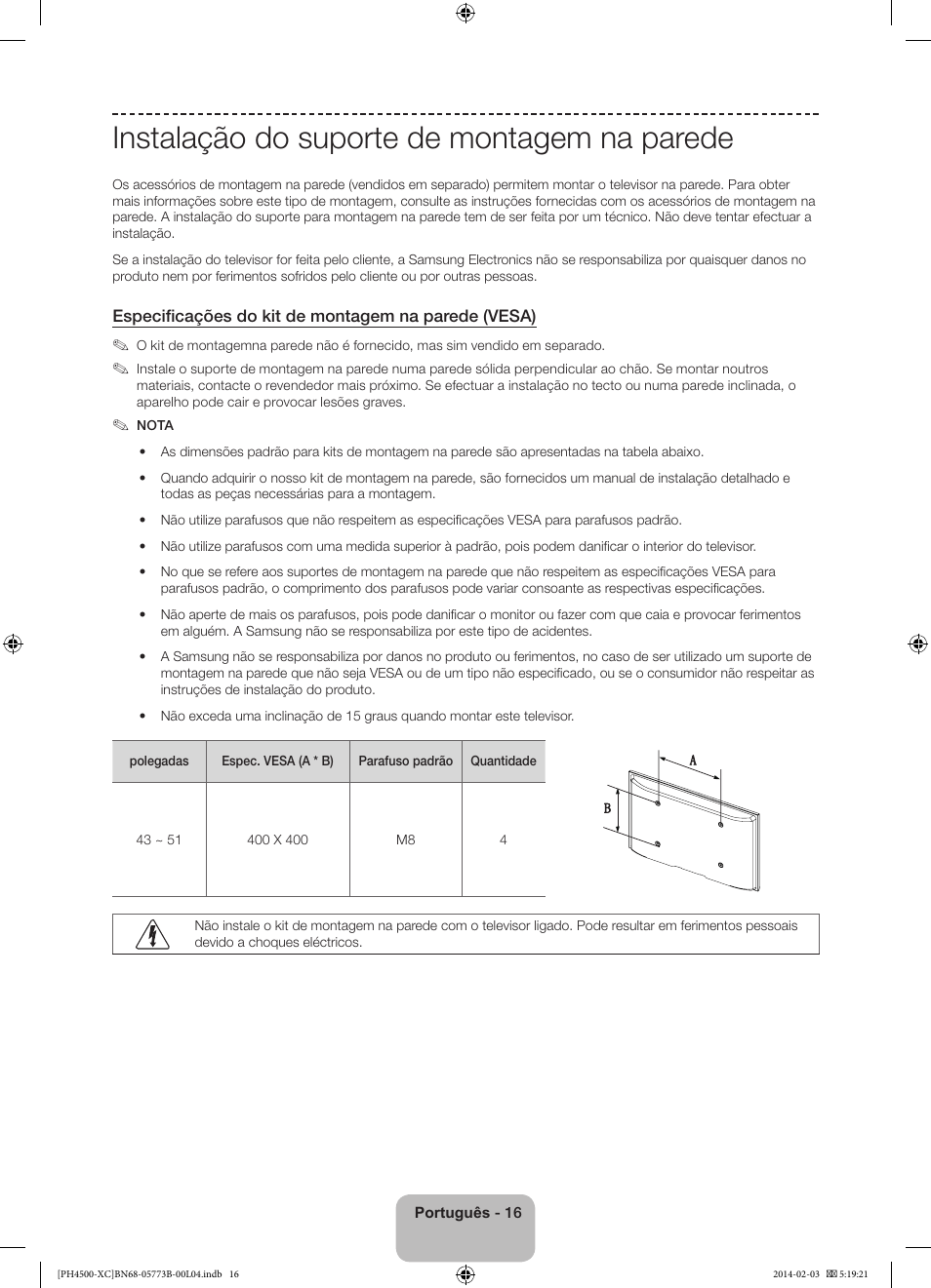 Instalação do suporte de montagem na parede | Samsung PE51H4500AW User Manual | Page 82 / 89