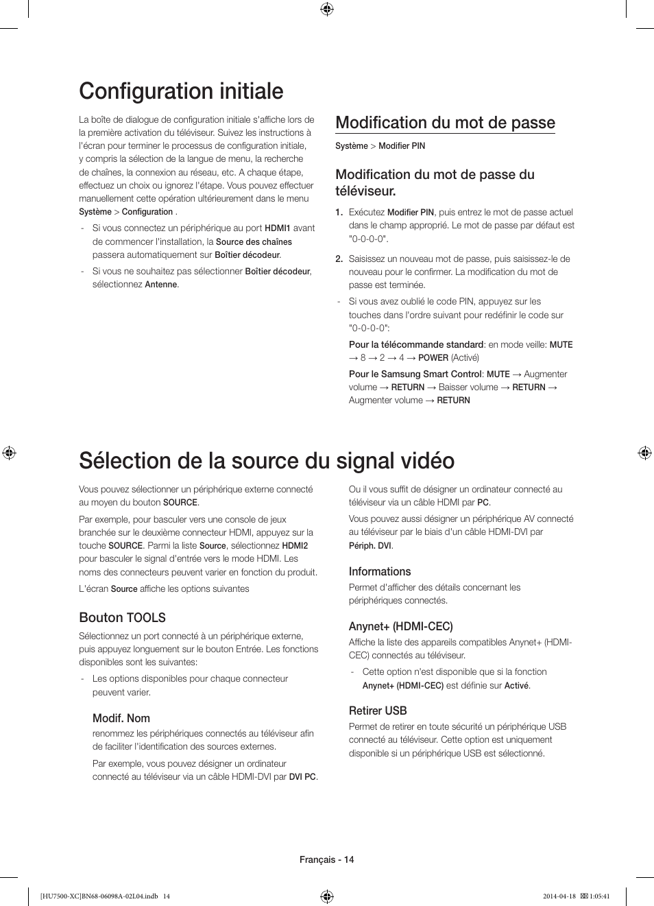 Configuration initiale, Sélection de la source du signal vidéo, Modification du mot de passe | Modification du mot de passe du téléviseur, Bouton, Tools | Samsung UE55HU7500L User Manual | Page 38 / 97