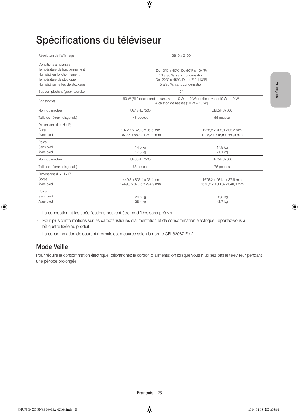 Spécifications du téléviseur, Mode veille | Samsung UE55HU7500L User Manual | Page 47 / 97