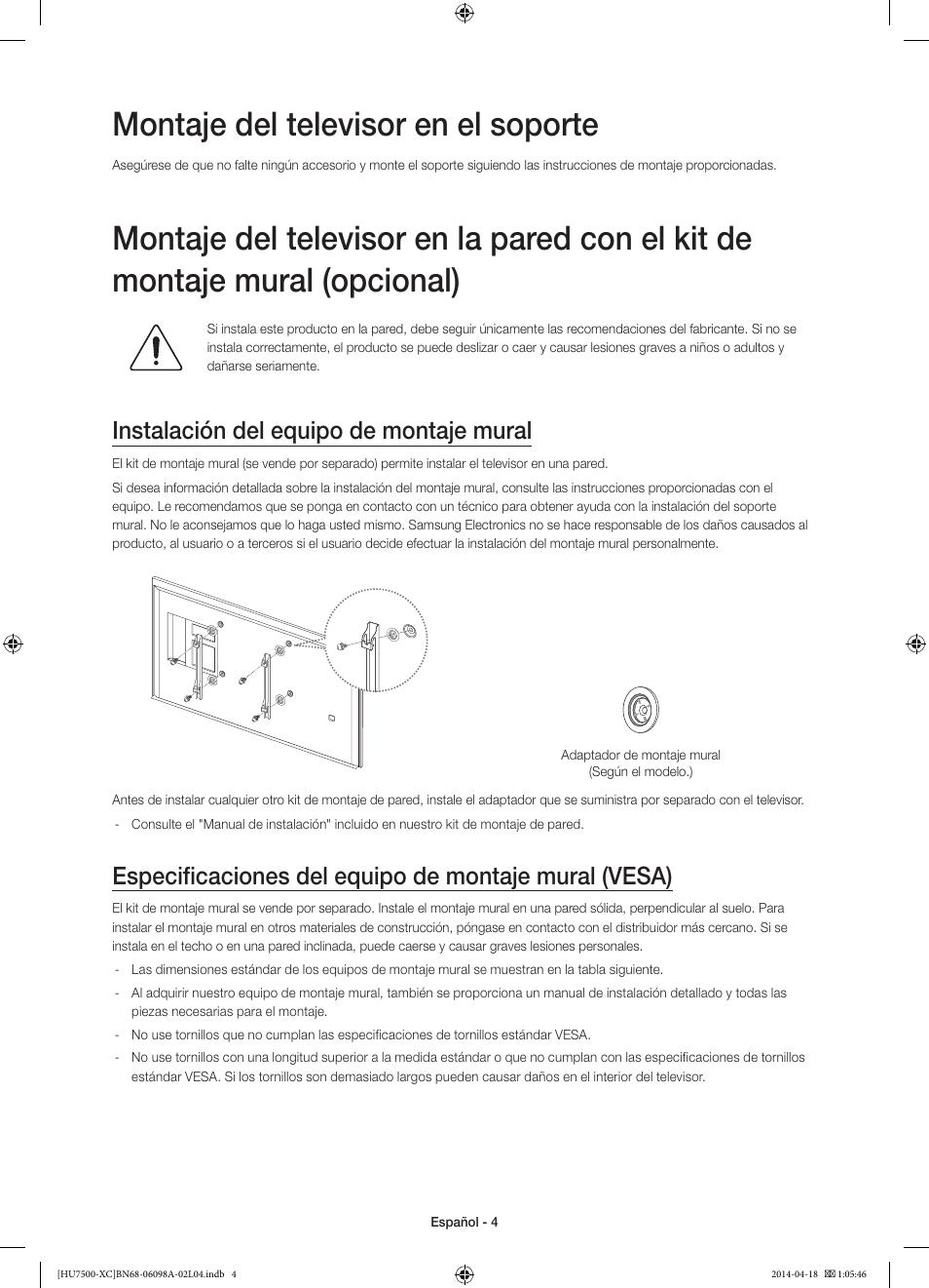 Montaje del televisor en el soporte, Instalación del equipo de montaje mural | Samsung UE55HU7500L User Manual | Page 52 / 97
