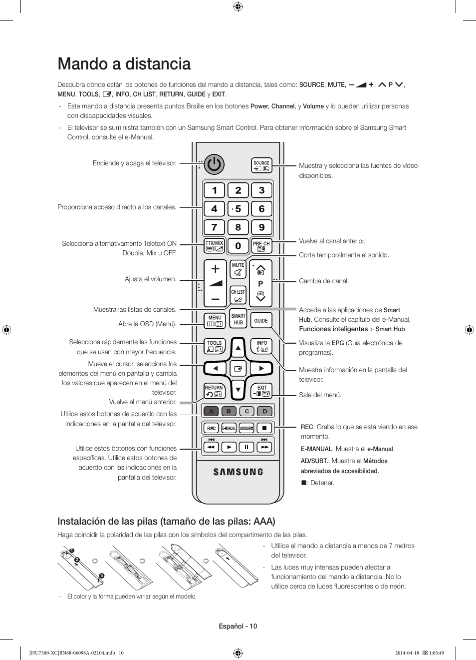 Mando a distancia | Samsung UE55HU7500L User Manual | Page 58 / 97