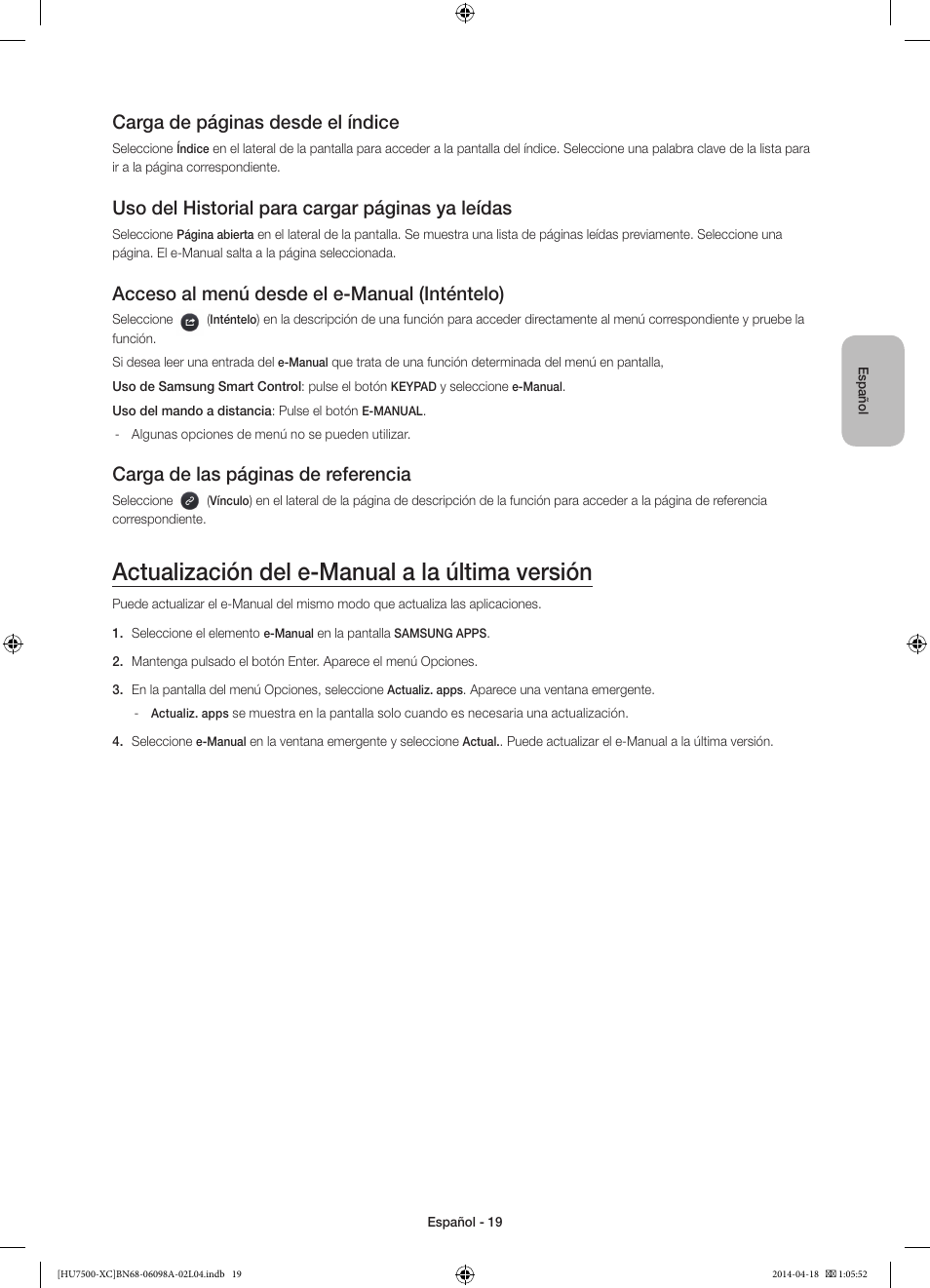 Actualización del e-manual a la última versión, Carga de páginas desde el índice, Uso del historial para cargar páginas ya leídas | Acceso al menú desde el e-manual (inténtelo), Carga de las páginas de referencia | Samsung UE55HU7500L User Manual | Page 67 / 97
