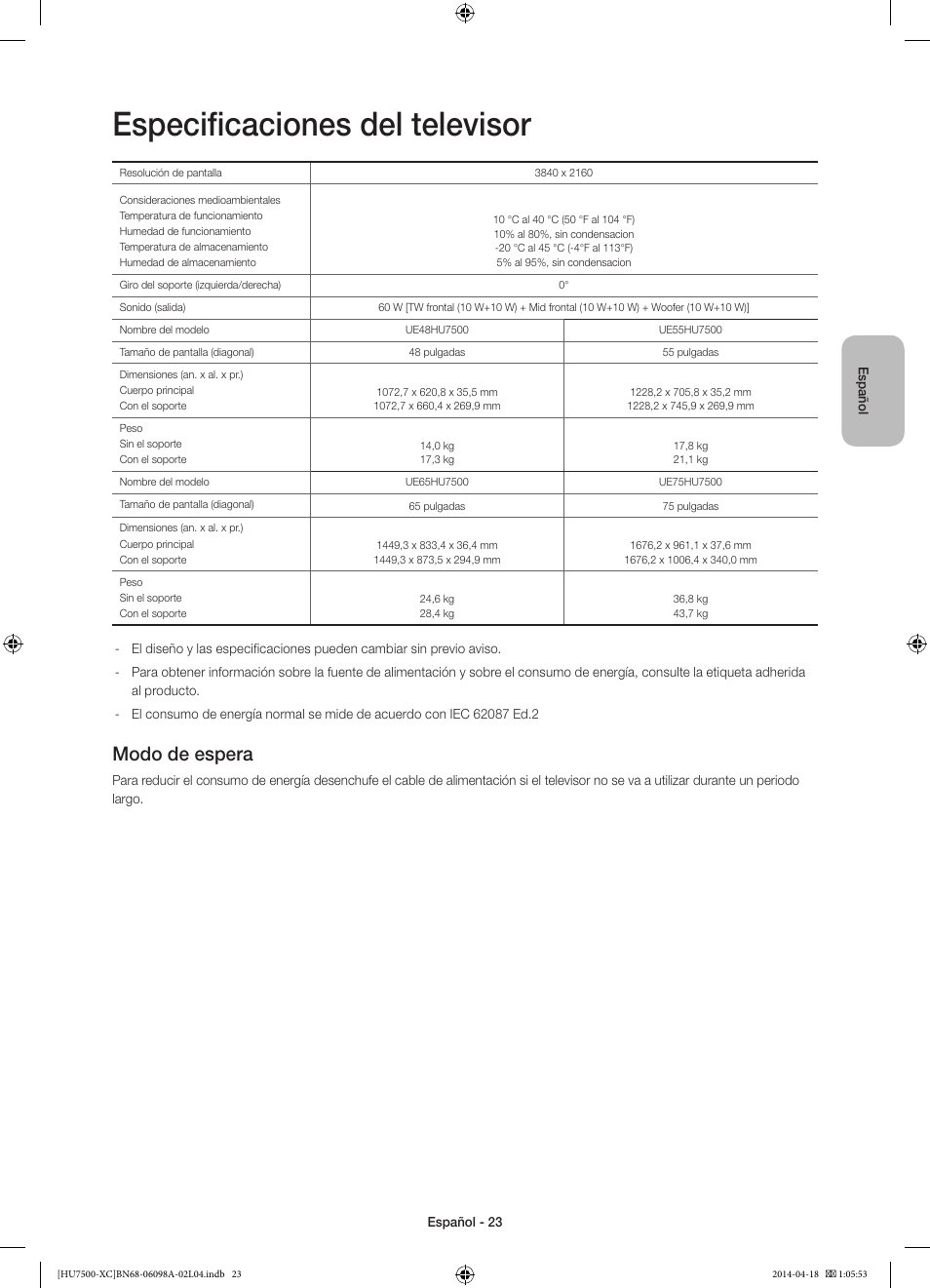 Especificaciones del televisor, Modo de espera | Samsung UE55HU7500L User Manual | Page 71 / 97