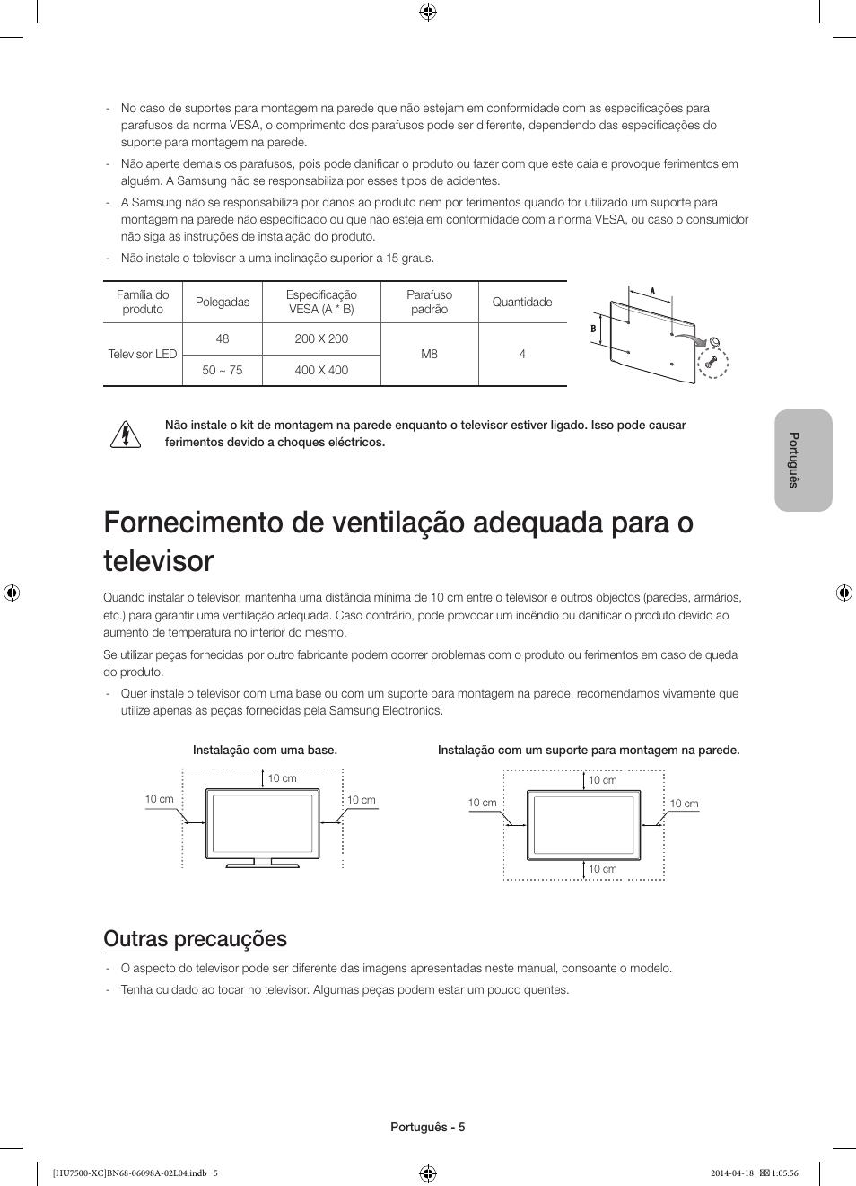 Outras precauções | Samsung UE55HU7500L User Manual | Page 77 / 97