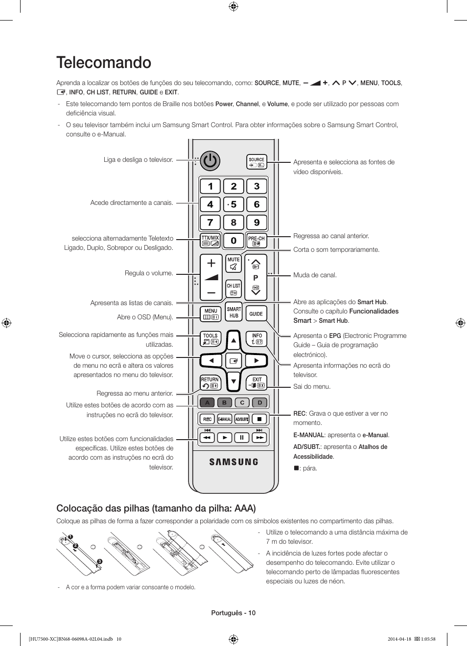 Telecomando, Colocação das pilhas (tamanho da pilha: aaa) | Samsung UE55HU7500L User Manual | Page 82 / 97