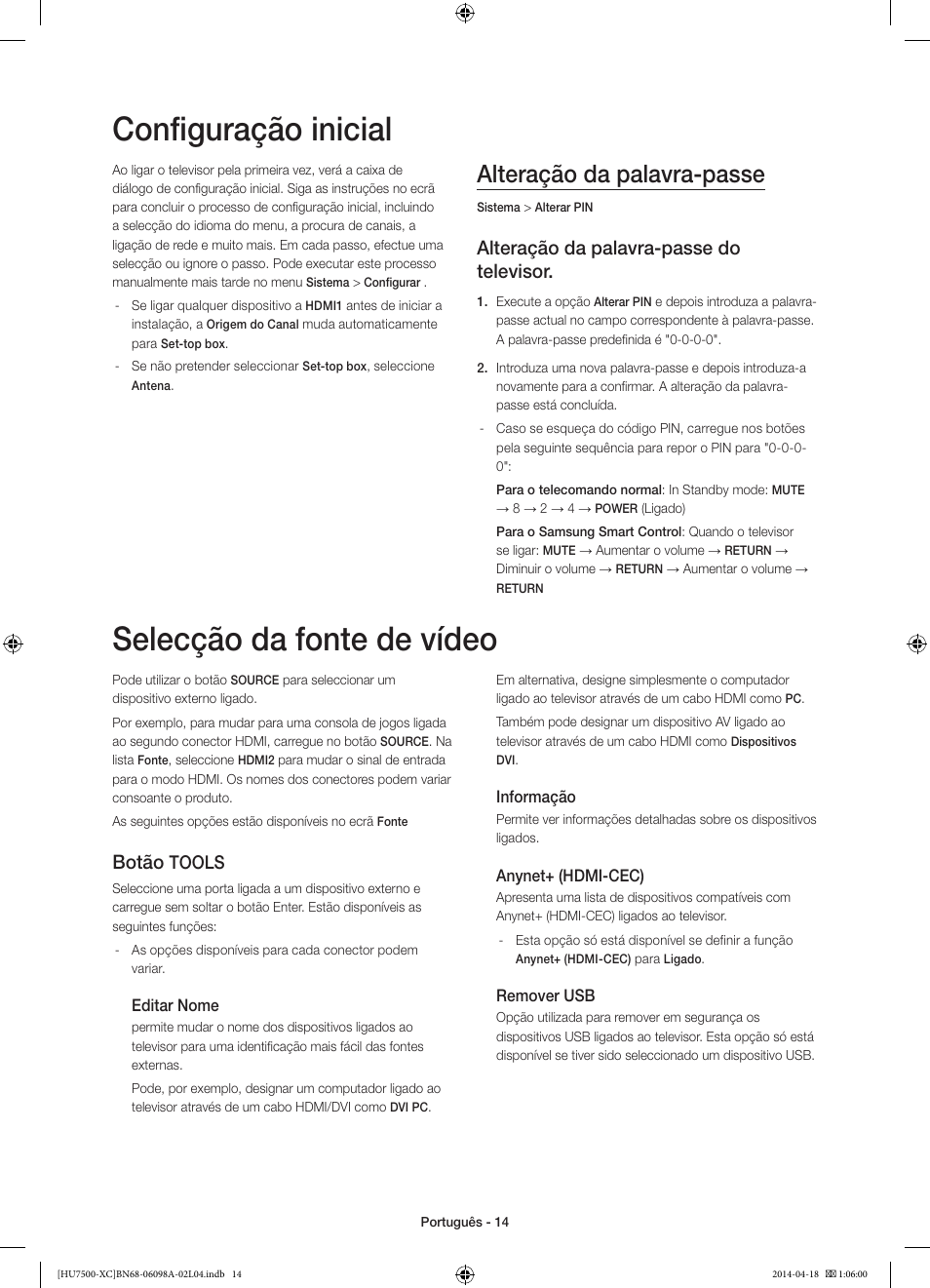Configuração inicial, Selecção da fonte de vídeo, Alteração da palavra-passe | Alteração da palavra-passe do televisor, Botão, Tools | Samsung UE55HU7500L User Manual | Page 86 / 97