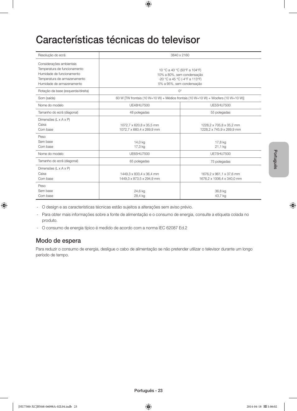 Características técnicas do televisor, Modo de espera | Samsung UE55HU7500L User Manual | Page 95 / 97