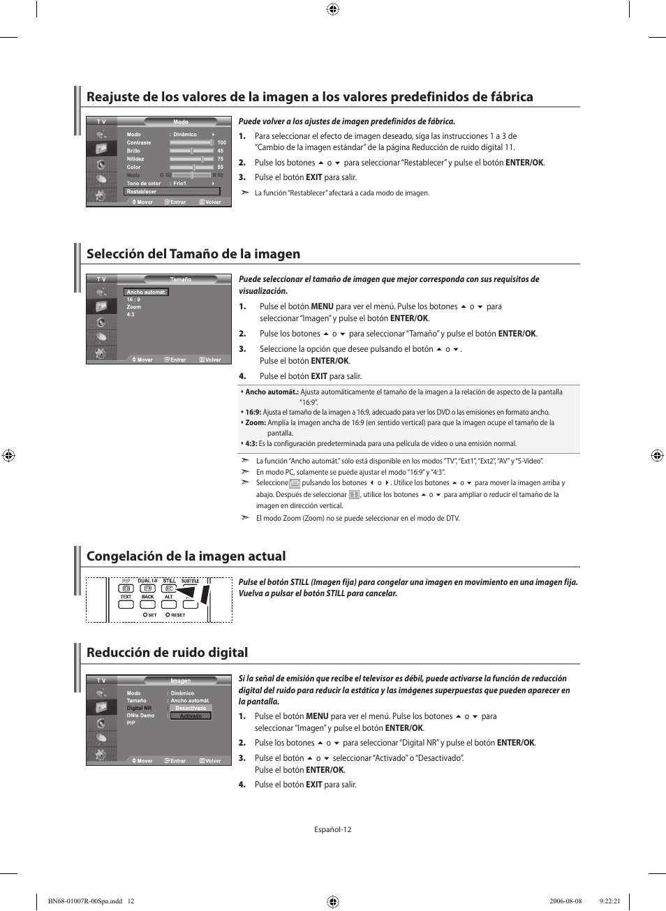 Congelación de la imagen actual, Reducción de ruido digital | Samsung LE37S73BD User Manual | Page 53 / 81